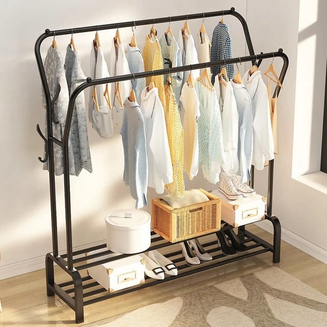 Curved Double Clothes Rack with Bottom Shelf Storage