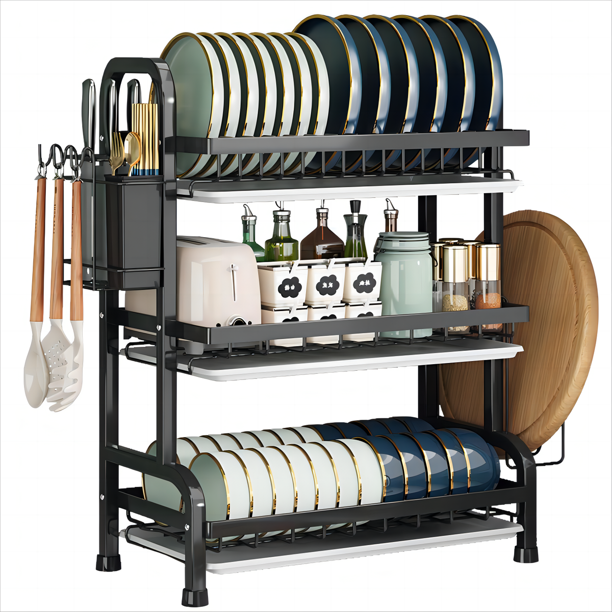 Carbon Steel Metallic Dishrack – 3-Tier Dish Drying & Storage Rack